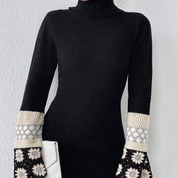 Black Preppy Womens Floral Crochet Turtle Neck Trumpet Sleeve Sweater Dress - Picture 2 of 5